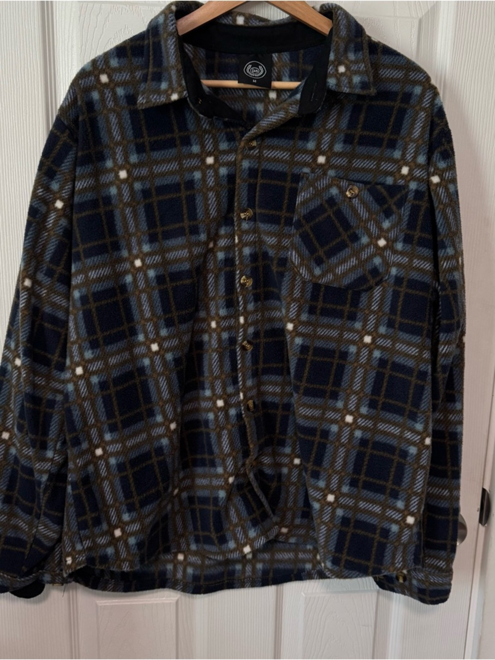 Men's Plaid Lightweight Fleece Shirt Jacket - Navy/Gray Medium